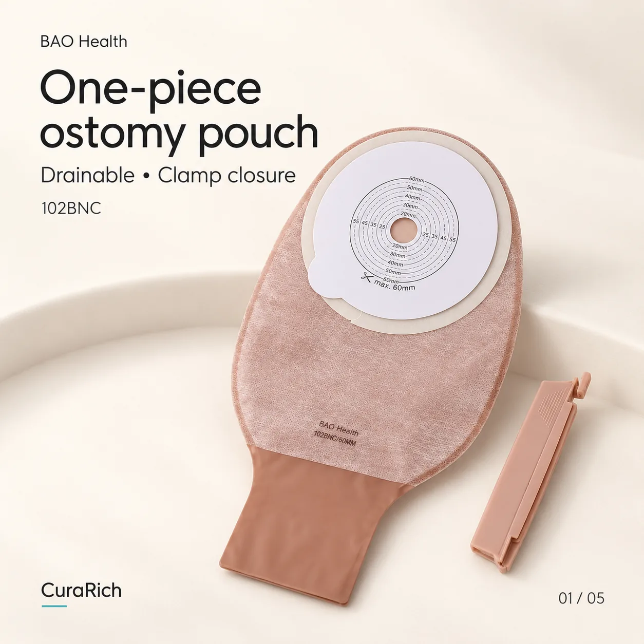BAO Health 102BNC One-Piece Drainable Colostomy & Ileostomy Pouch – Cut-to-Fit up to 60 mm, Clamp Closure, Pack of 10