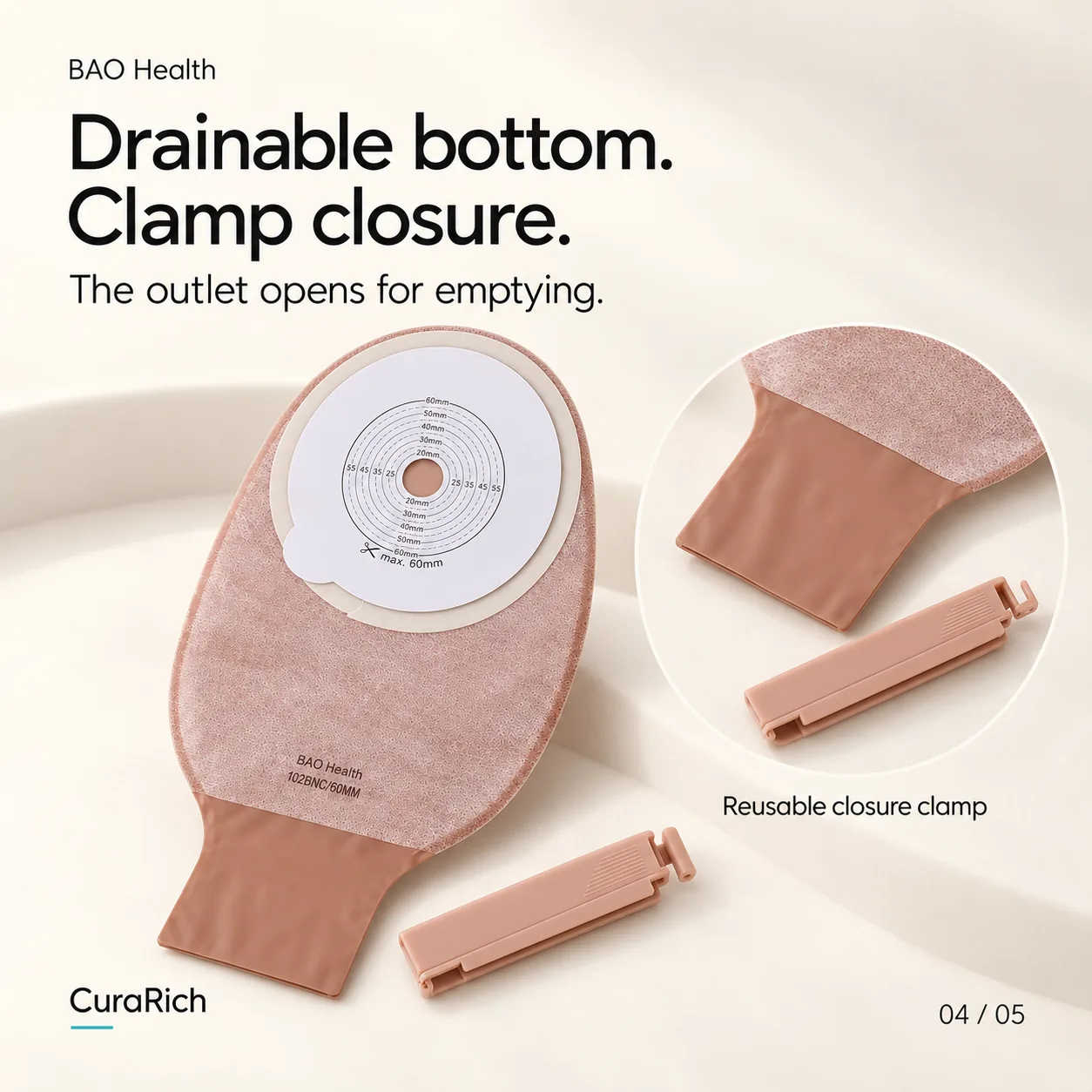 BAO Health 102BNC One-Piece Drainable Colostomy & Ileostomy Pouch – Cut-to-Fit up to 60 mm, Clamp Closure, Pack of 10